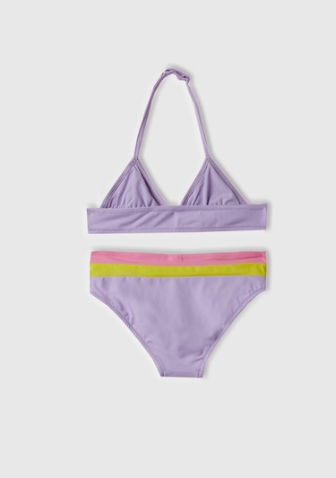  Kız Çocuk Lila Mix Renk Bloklu Üçgen Kesim Bikini Takımı