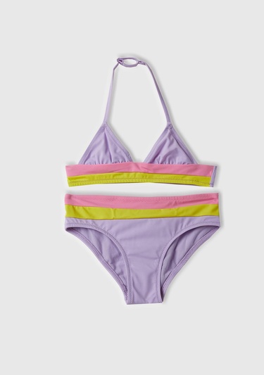  Kız Çocuk Lila Mix Renk Bloklu Üçgen Kesim Bikini Takımı