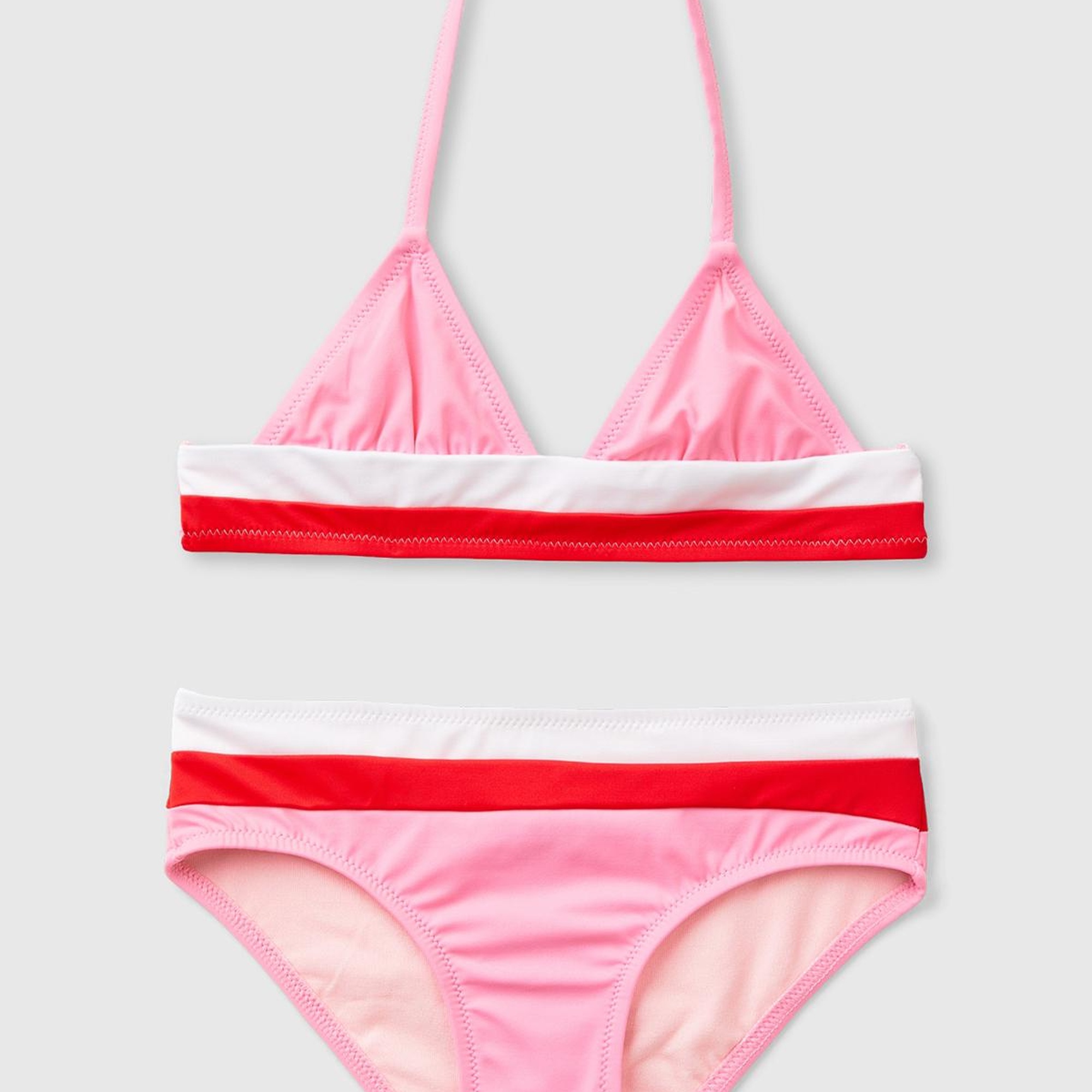 Kız Çocuk Pembe Mix Renk Bloklu Üçgen Kesim Bikini Takımı