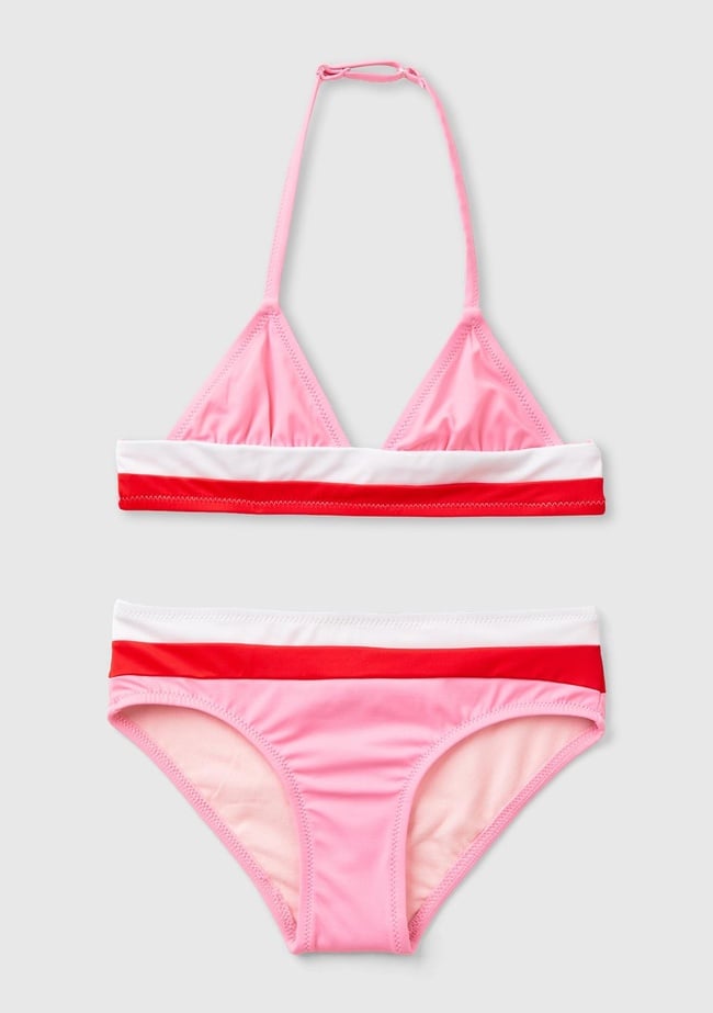  Kız Çocuk Pembe Mix Renk Bloklu Üçgen Kesim Bikini Takımı