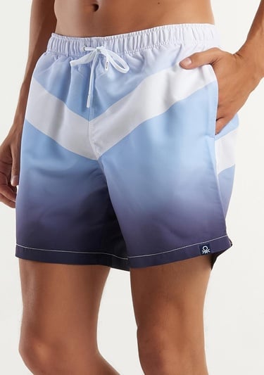 Erkek Mavi Mix Önü Logo Baskılı Beli Büzgülü Deniz Şortu