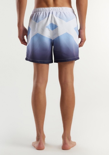  Erkek Mavi Mix Önü Logo Baskılı Beli Büzgülü Deniz Şortu