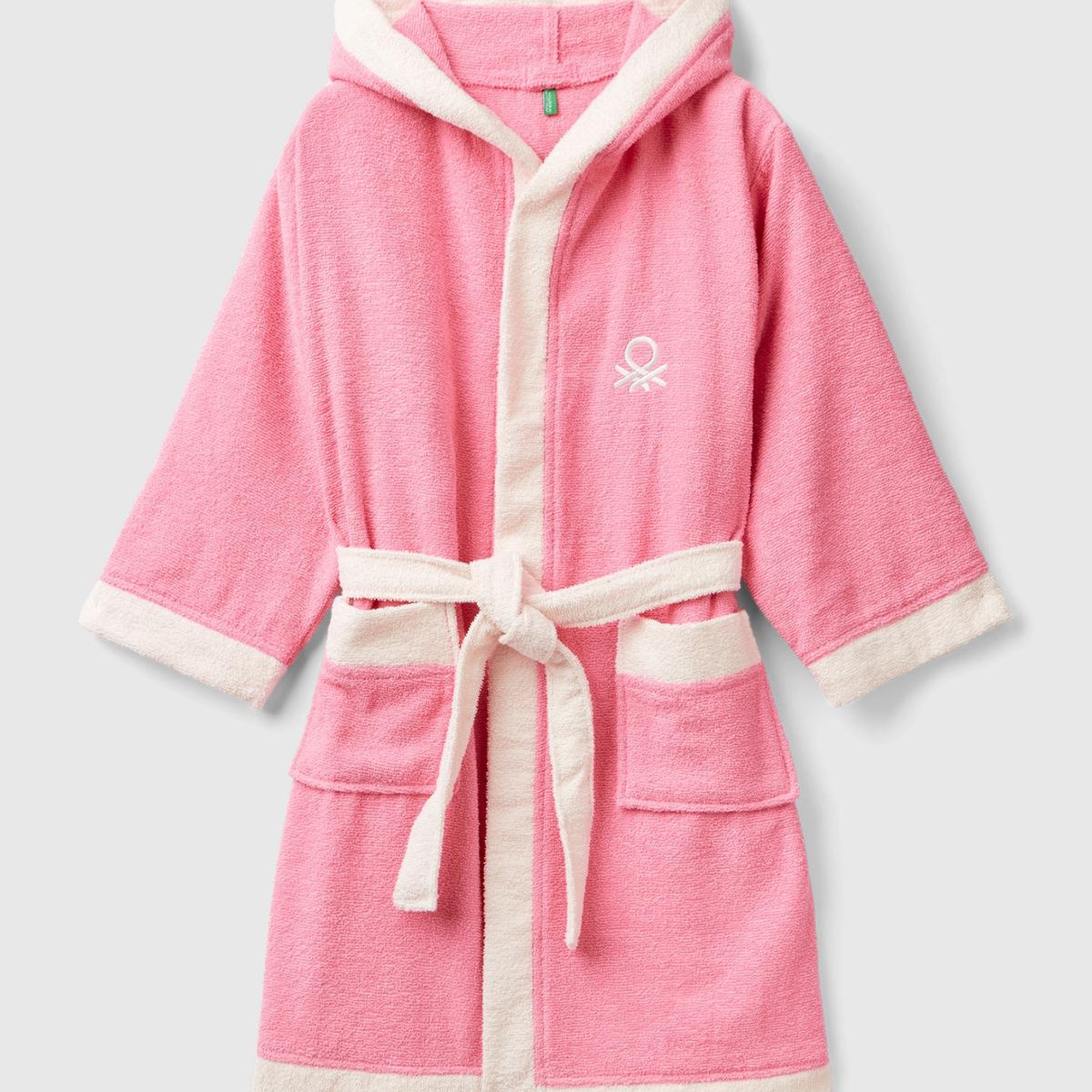 Erkek Çocuk Pembe Önü Logo İşlemeli Yama Cepli Beli Kemerli Bornoz