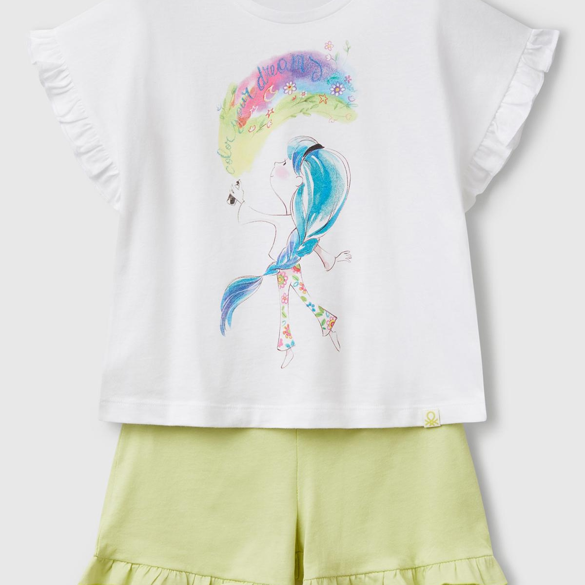 Kız Çocuk Beyaz Baskılı Kolu Fırfırlı T-Shirt ve Ucu Fırfırlı Şort Takım