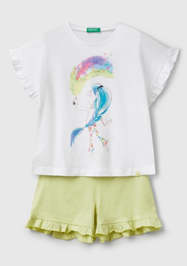  Kız Çocuk Beyaz Baskılı Kolu Fırfırlı T-Shirt ve Ucu Fırfırlı Şort Takım