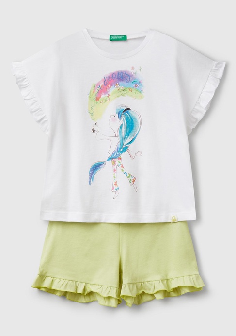  Kız Çocuk Beyaz Baskılı Kolu Fırfırlı T-Shirt ve Ucu Fırfırlı Şort Takım