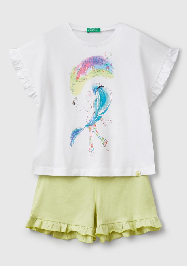  Kız Çocuk Beyaz Baskılı Kolu Fırfırlı T-Shirt ve Ucu Fırfırlı Şort Takım