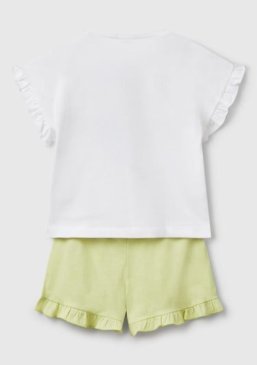  Kız Çocuk Beyaz Baskılı Kolu Fırfırlı T-Shirt ve Ucu Fırfırlı Şort Takım