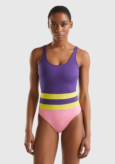  Kadın Mor Mix Çok Renkli Derin Sırt Dekolteli Mayo