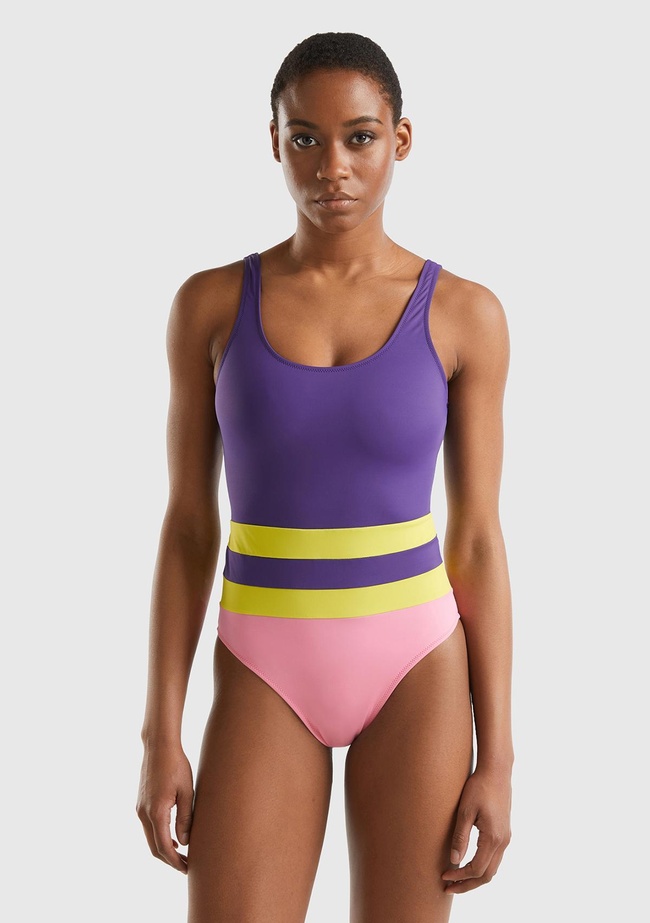  Kadın Mor Mix Çok Renkli Derin Sırt Dekolteli Mayo