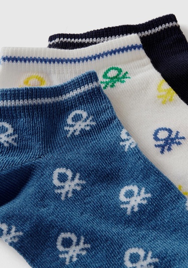  Erkek Çocuk Mavi Mix Logo Baskılı Çok Renkli 3'lü Kısa Soket Çorap Seti