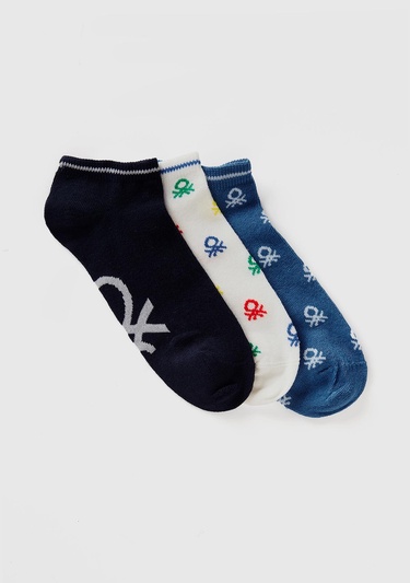  Erkek Çocuk Mavi Mix Logo Baskılı Çok Renkli 3'lü Kısa Soket Çorap Seti