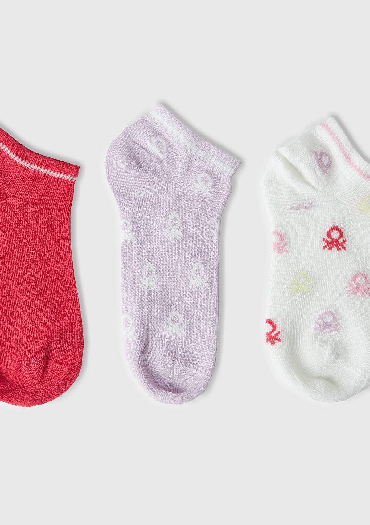  Erkek Çocuk Pembe Mix Logo Baskılı Çok Renkli 3'lü Kısa Soket Çorap Seti
