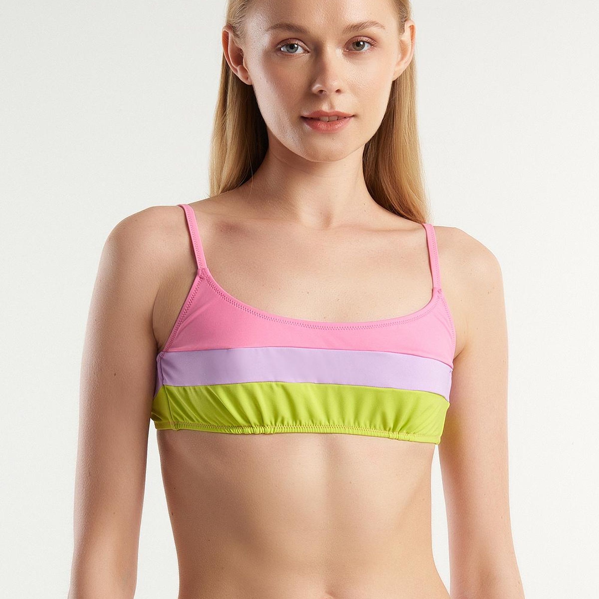 Kadın Pembe Mix Renk Bloklu Ayarlanabilir Askılı Bağlamalı Bikini Üstü