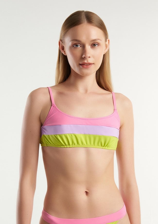  Kadın Pembe Mix Renk Bloklu Ayarlanabilir Askılı Bağlamalı Bikini Üstü
