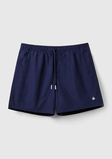  Erkek Koyu Lacivert Önü Logo İşlemeli Yama Cepli Beli Büzgülü Deniz Şortu