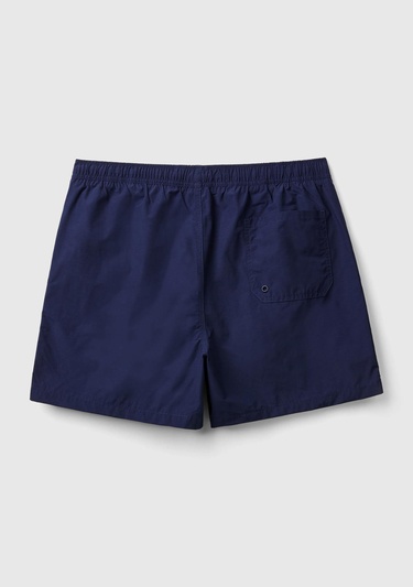  Erkek Koyu Lacivert Önü Logo İşlemeli Yama Cepli Beli Büzgülü Deniz Şortu