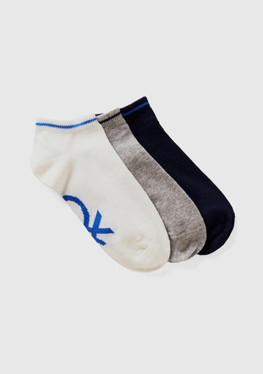  Erkek Çocuk Gri Mix Logo Baskılı Çok Renkli 3'lü Kısa Soket Çorap Seti