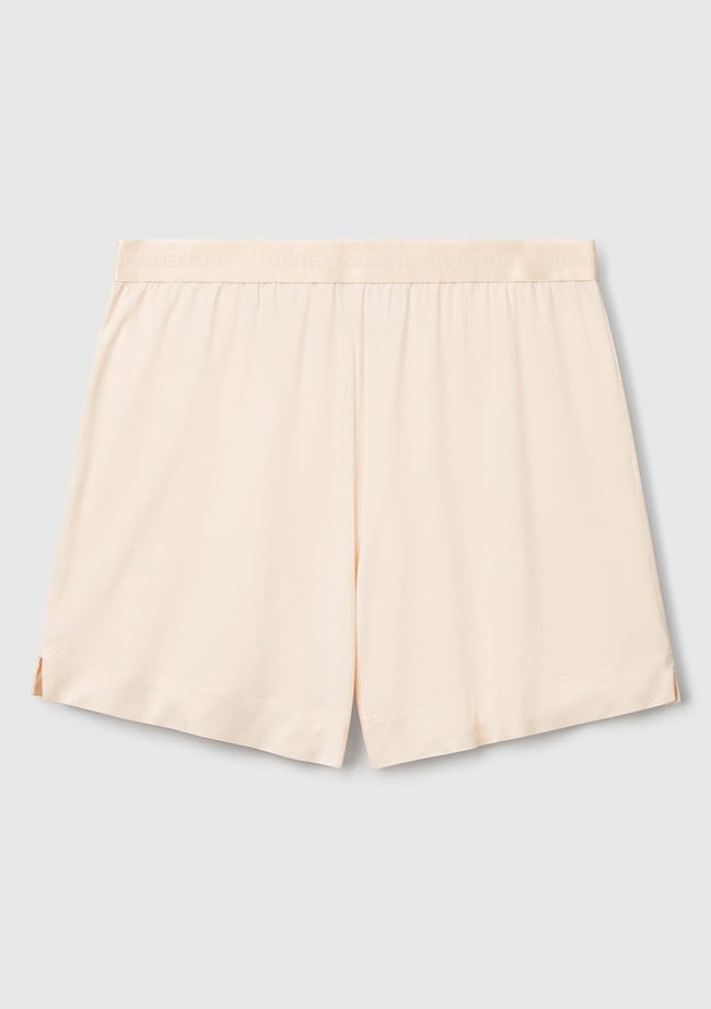  Kadın Ekru Beli Logo Bantlı Bermuda Şort