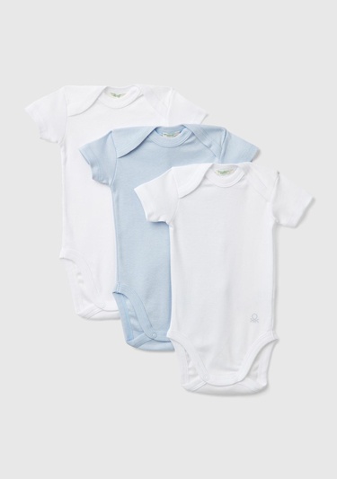  Bebek Beyaz-Mavi Kısa Kollu 3'lü Çıtçıtlı Body