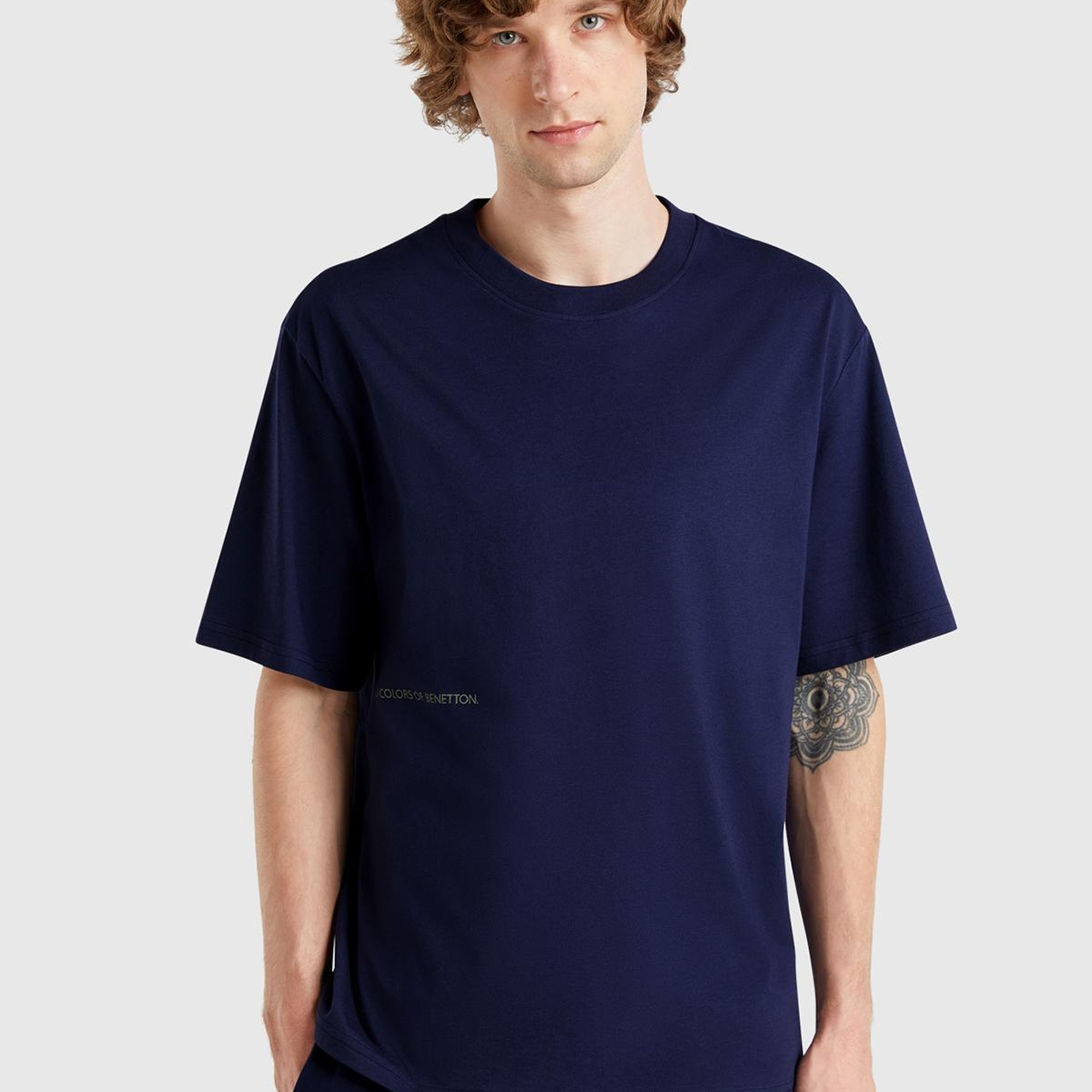 Erkek Lacivert %100 Koton Benetton Yazılı T-Shirt