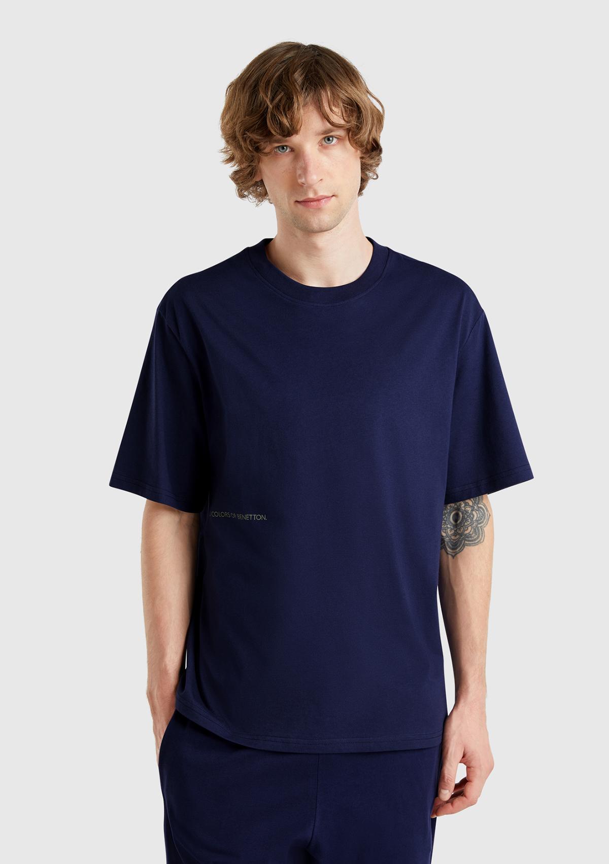  Erkek Lacivert %100 Koton Benetton Yazılı T-Shirt