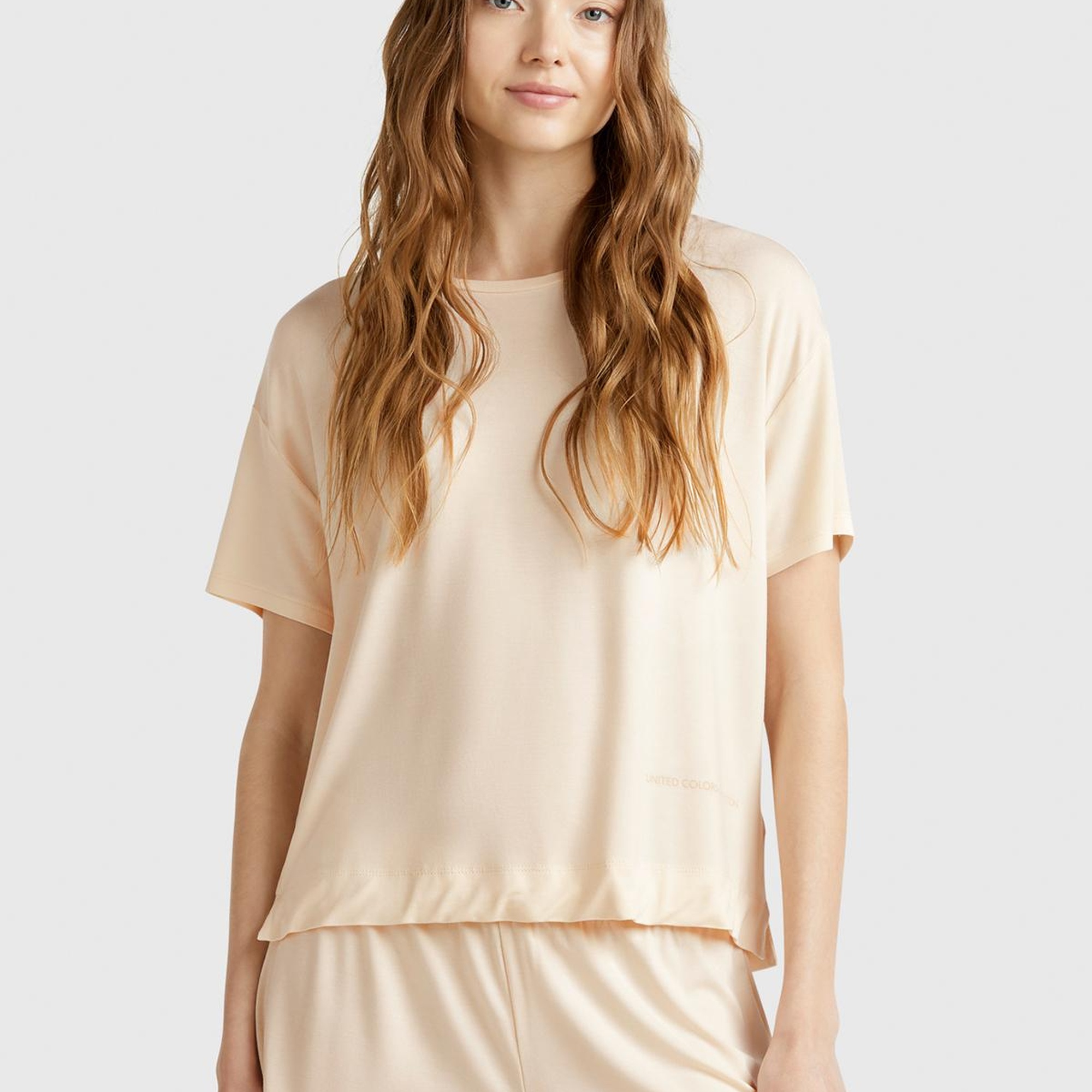 Kadın Ekru Logo Baskılı Bisiklet Yaka T-Shirt