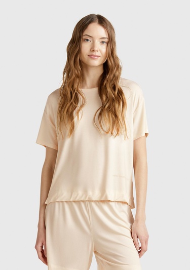  Kadın Ekru Logo Baskılı Bisiklet Yaka T-Shirt