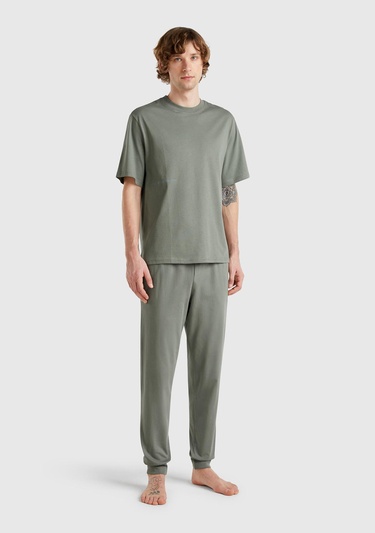  Erkek Soluk Yeşil %100 Koton Benetton Yazılı T-Shirt