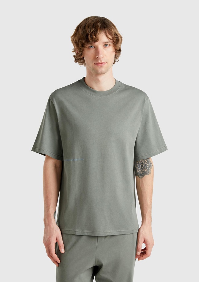  Erkek Soluk Yeşil %100 Koton Benetton Yazılı T-Shirt
