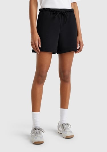  Kadın Siyah Pamuk Karışımlı Logo Bantlı İpli Yüksek Bel Bermuda Şort