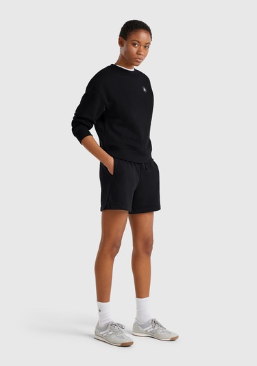  Kadın Siyah Pamuk Karışımlı Logo Bantlı İpli Yüksek Bel Bermuda Şort