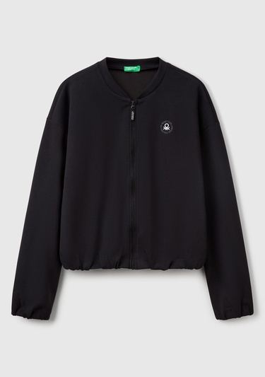  Kadın Siyah Logo Baskılı Önü Fermuarlı Beli Lastikli Sweatshirt