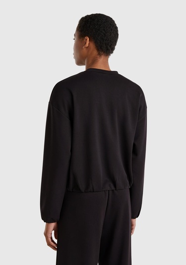  Kadın Siyah Logo Baskılı Önü Fermuarlı Beli Lastikli Sweatshirt