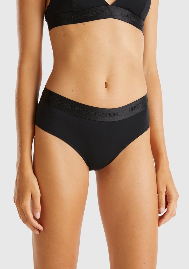  Kadın Siyah Pamuk Karışımlı Bel Bandı Logolu Hipster Kesim Külot