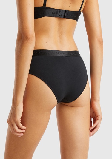  Kadın Siyah Pamuk Karışımlı Bel Bandı Logolu Hipster Kesim Külot