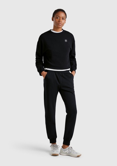  Kadın Siyah Pamuk Karışımlı Logo Baskılı Beli Lastikli Jogger Eşofman Altı