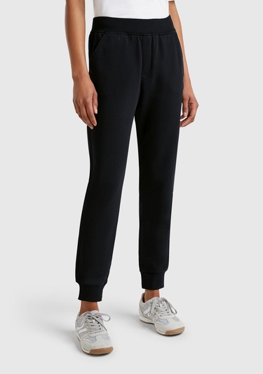  Kadın Siyah Pamuk Karışımlı Logo Baskılı Beli Lastikli Jogger Eşofman Altı