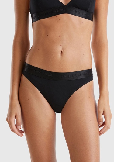  Kadın Siyah Pamuk Karışımlı Logo Bantlı Hipster Kesim Külot