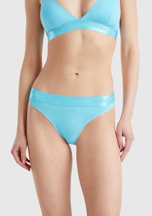  Kadın Mavi Pamuk Karışımlı Logo Bantlı Hipster Kesim Külot