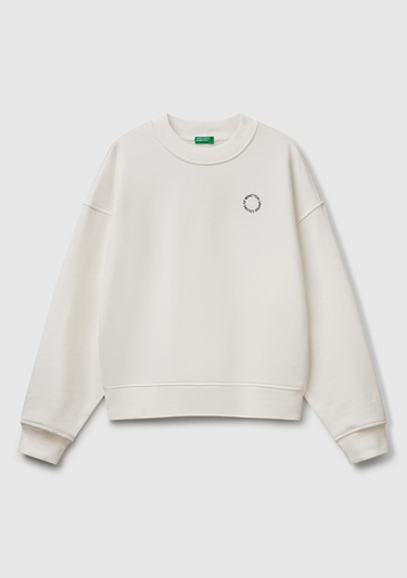  Kadın Beyaz Pamuk Karışımlı Logo Baskılı Bisiklet Yaka Sweatshirt