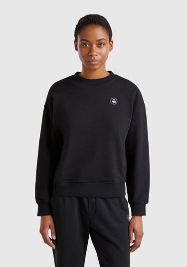  Kadın Siyah Pamuk Karışımlı Logo Baskılı Bisiklet Yaka Sweatshirt