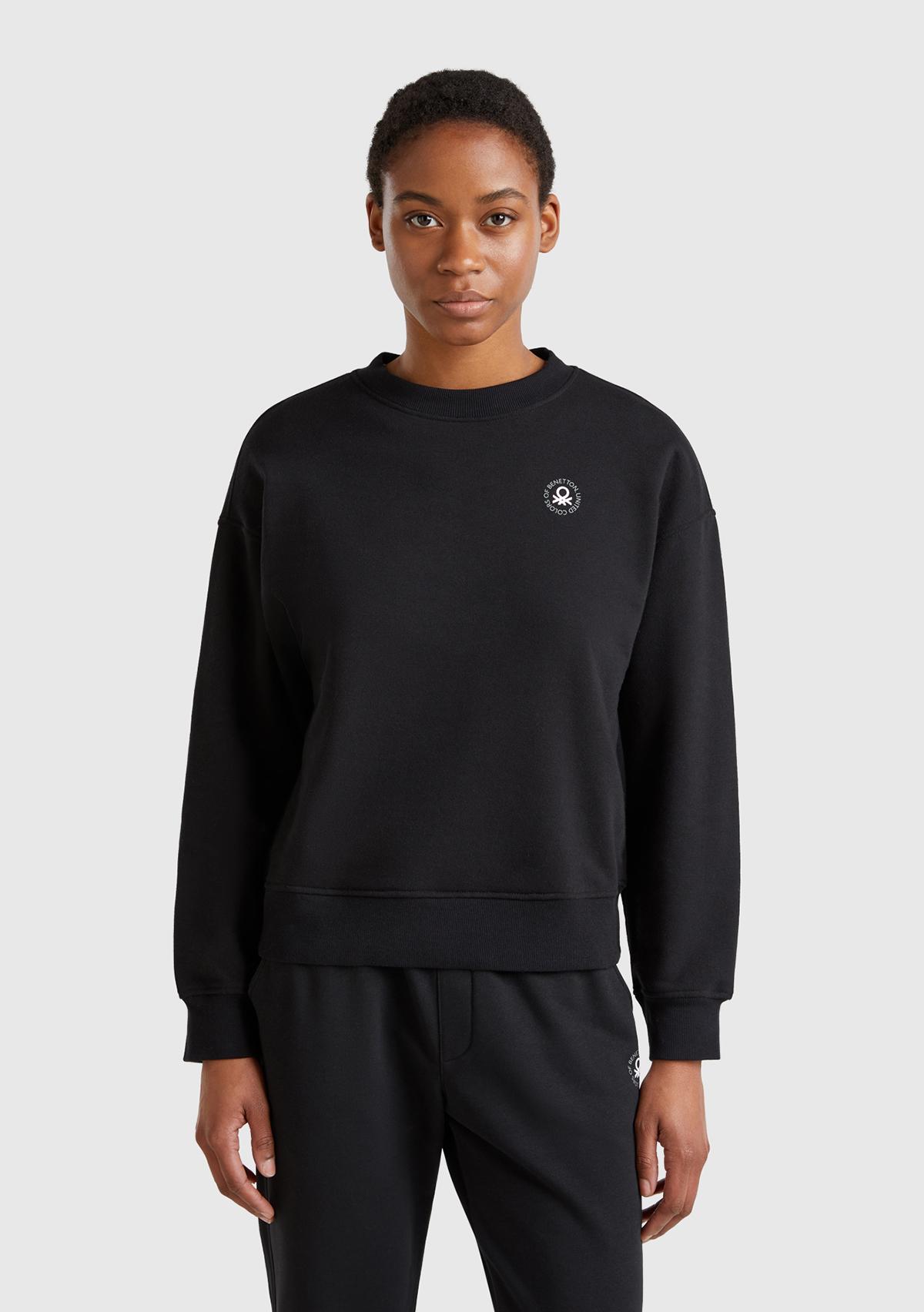  Kadın Siyah Pamuk Karışımlı Logo Baskılı Bisiklet Yaka Sweatshirt