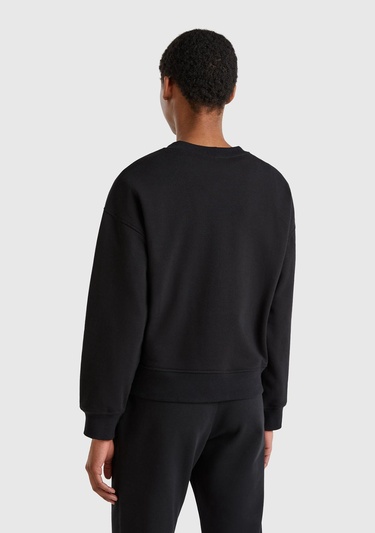  Kadın Siyah Pamuk Karışımlı Logo Baskılı Bisiklet Yaka Sweatshirt