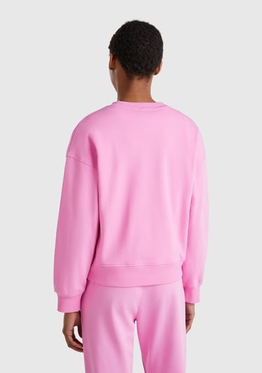  Kadın Pembe Pamuk Karışımlı Logo Baskılı Bisiklet Yaka Sweatshirt