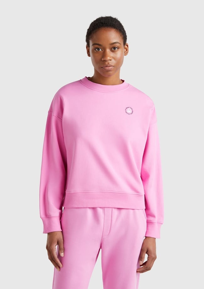  Kadın Pembe Pamuk Karışımlı Logo Baskılı Bisiklet Yaka Sweatshirt