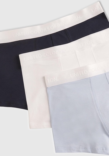  Erkek Turkuaz-Beyaz-Lacivert Pamuk Karışımlı Logo Bantlı 3'lü Boxer Seti