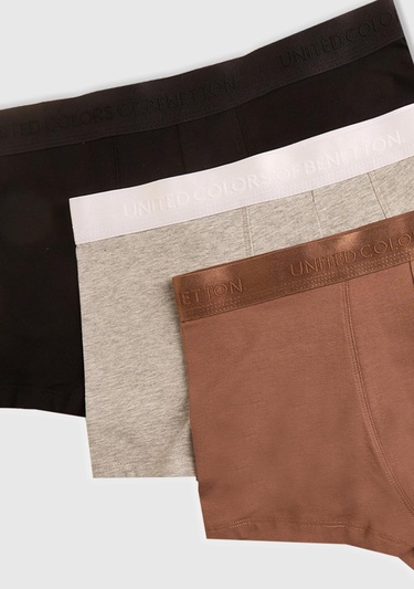  Erkek Gri Melanj Pamuk Karışımlı Logo Bantlı 3'lü Boxer Seti
