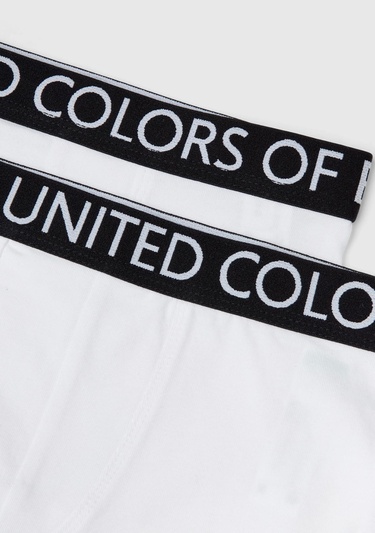  Erkek Çocuk Beyaz Beli Logo Detaylı 2'li Boxer Set