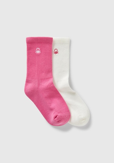  Erkek Çocuk Pembe-Beyaz Logo İşlemeli 2'li Uzun Soket Çorap Seti